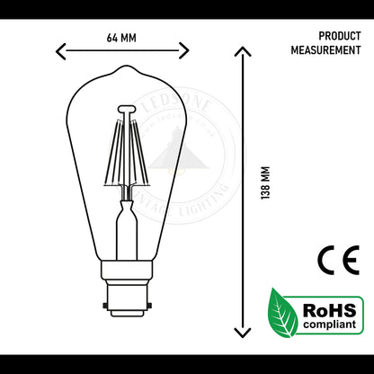 ST64 Bayonet 8W Dimmable Retro Classic LED Filament Bulbs - Size Image