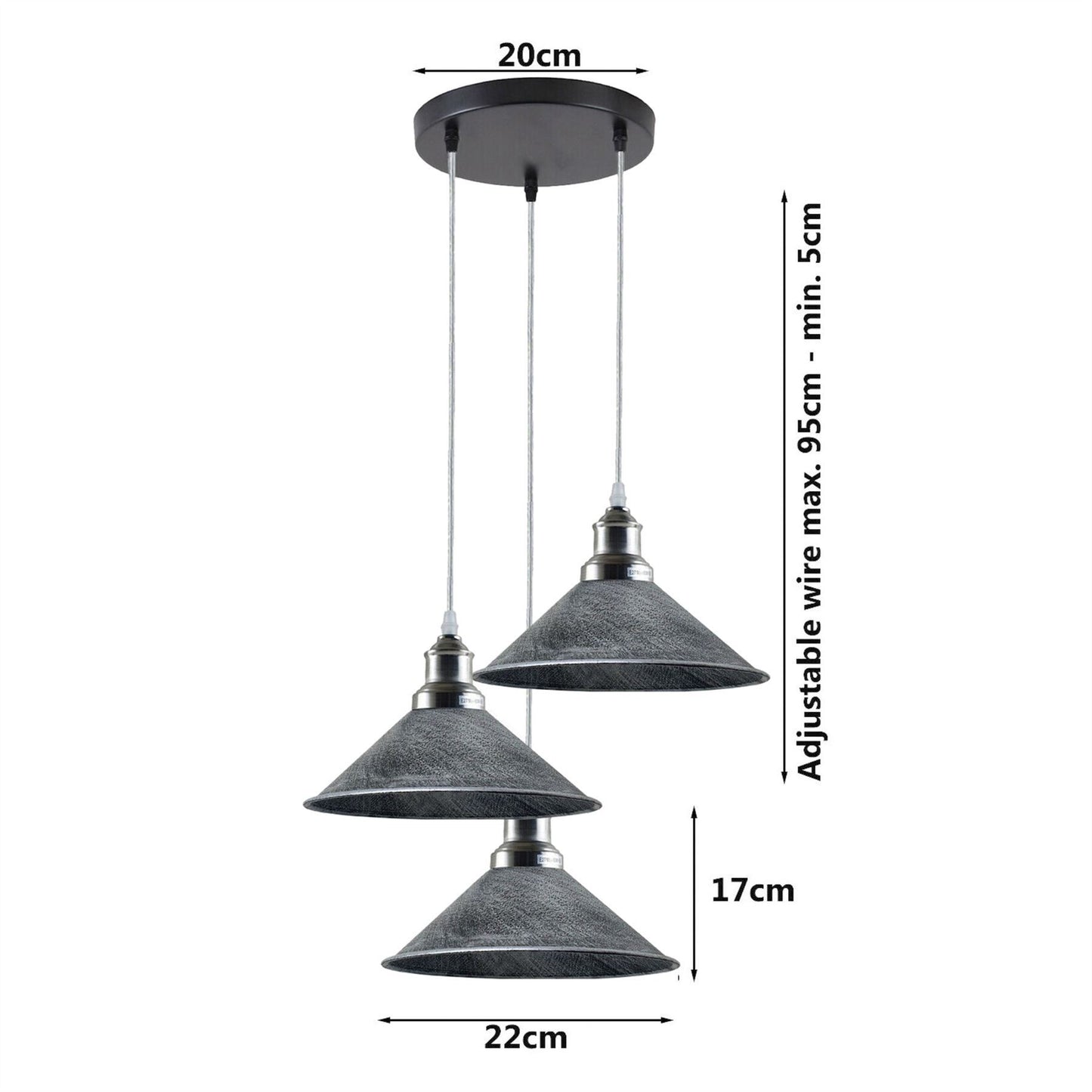 Vintage 3 way Easy fit Cone Shade Ceiling Hanging Pendant Light-Size Image