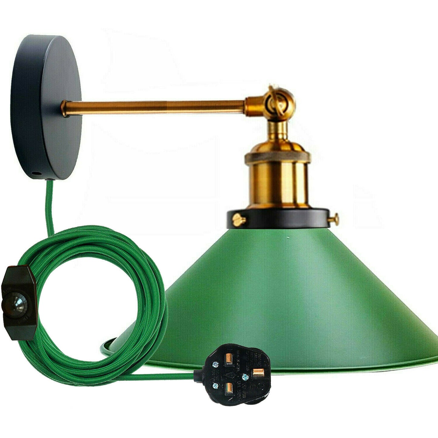 Industrial  Metal Cone Shape Shade Fitting Plug in Wall Light With Dimmer Switch~2275
