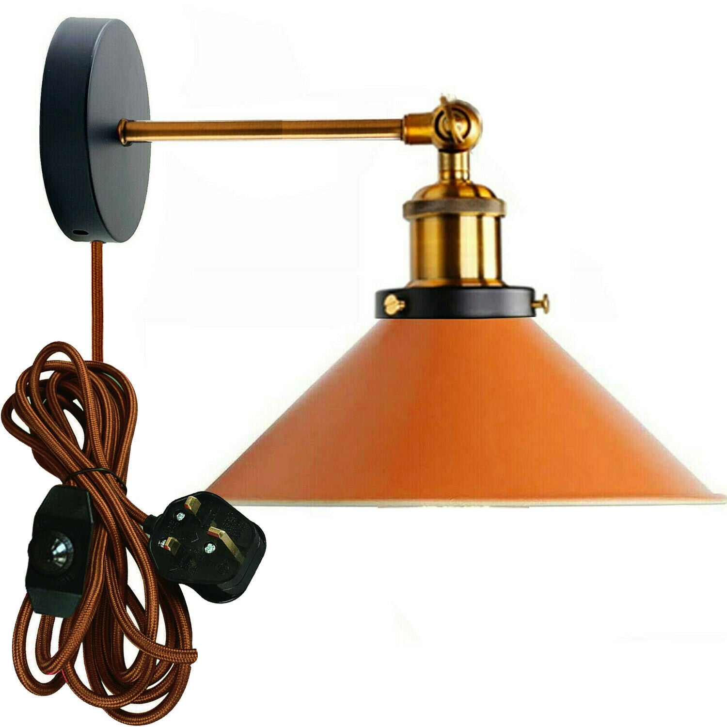 Industrial  Metal Cone Shape Shade Fitting Plug in Wall Light With Dimmer Switch