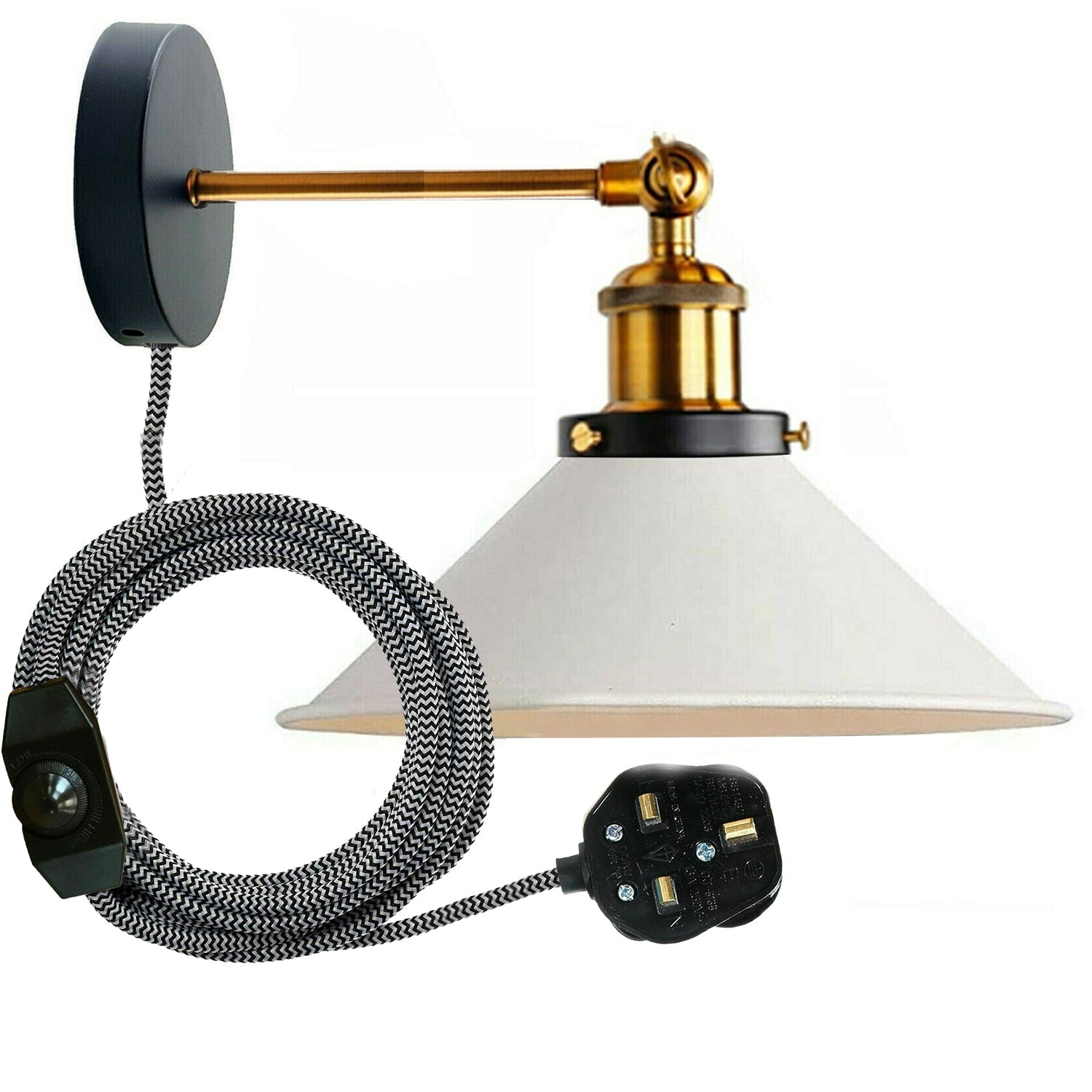 Industrial  Metal Cone Shape Shade Fitting Plug in Wall Light With Dimmer Switch