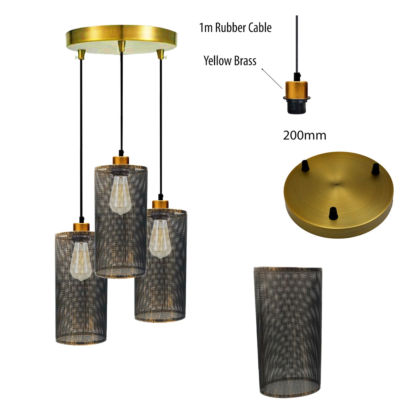 Brushed Copper Retro 3 Way Drum Ceiling Rose Cage Pendant Light