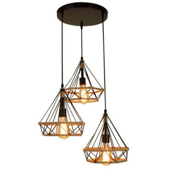 Industrial Retro Black Hemp Cage 3 Light Pendant Light~1290