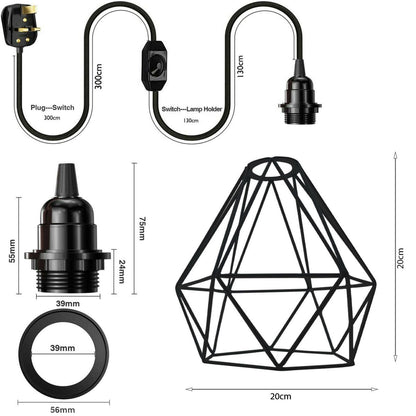Black Diamond Shade Dimmer Switch Plug In Hanging Pendant Lamp-Size image