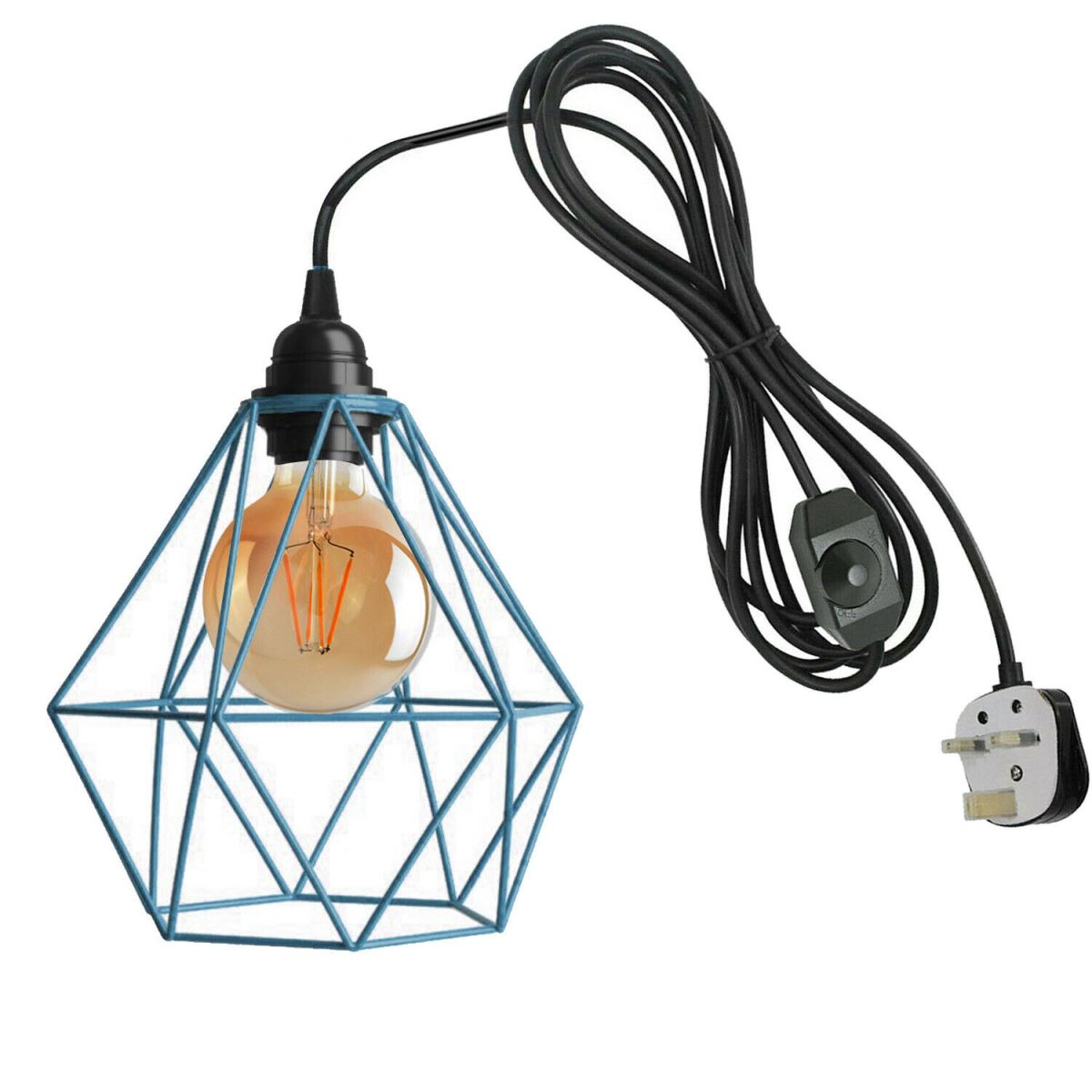 Blue Diamond Shade Dimmer Switch Plug In Hanging Pendant Lamp