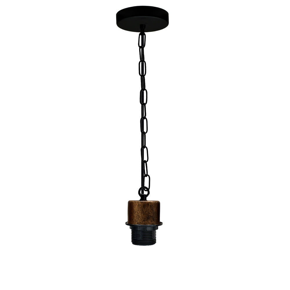 Brushed Copper E27 Lamp Holder Pendant Light Fitting Black Round Braided Flex With Chain - Vintagelite