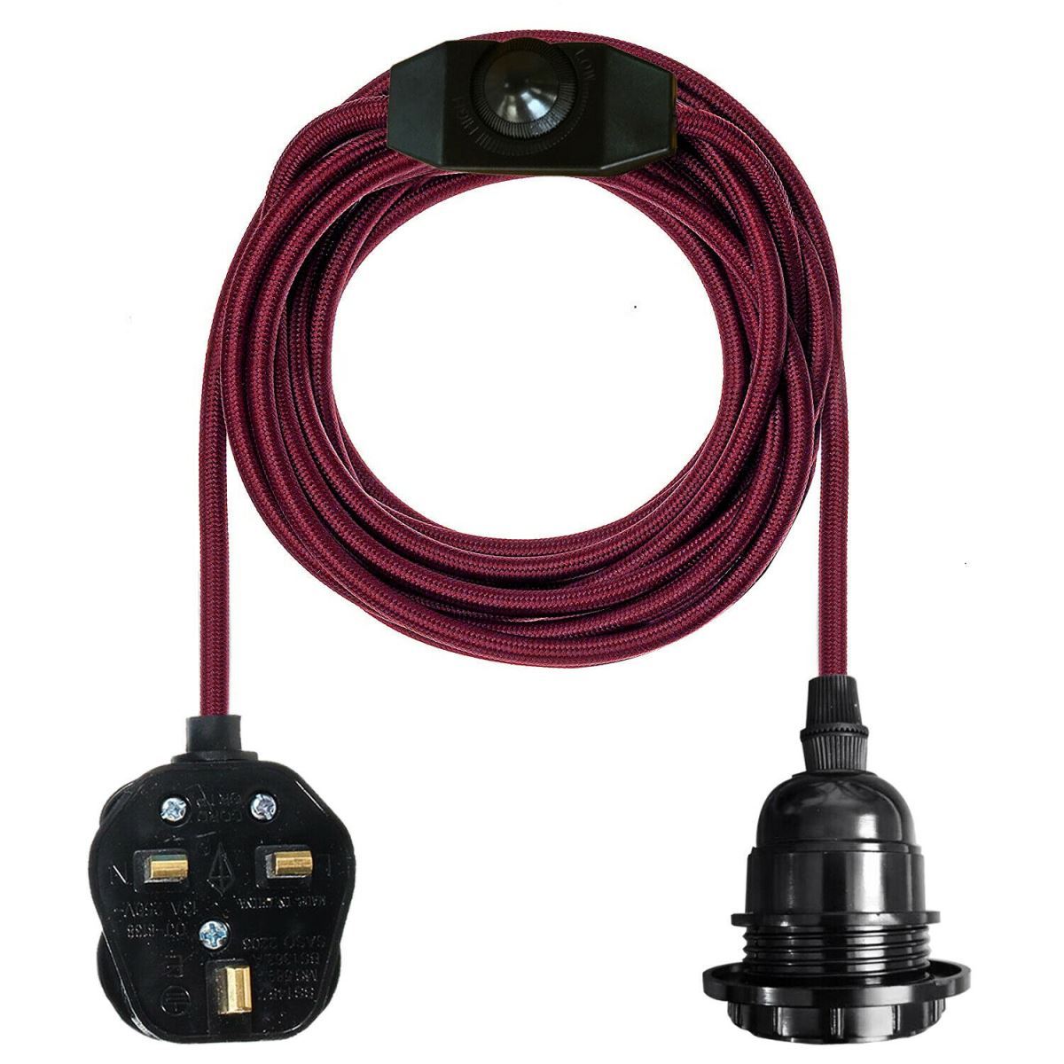 Burgundy Color Dimmer Switch 4.5m Fabric Flex Cable Plug In Pendant Lamp E27 Holder - Vintagelite