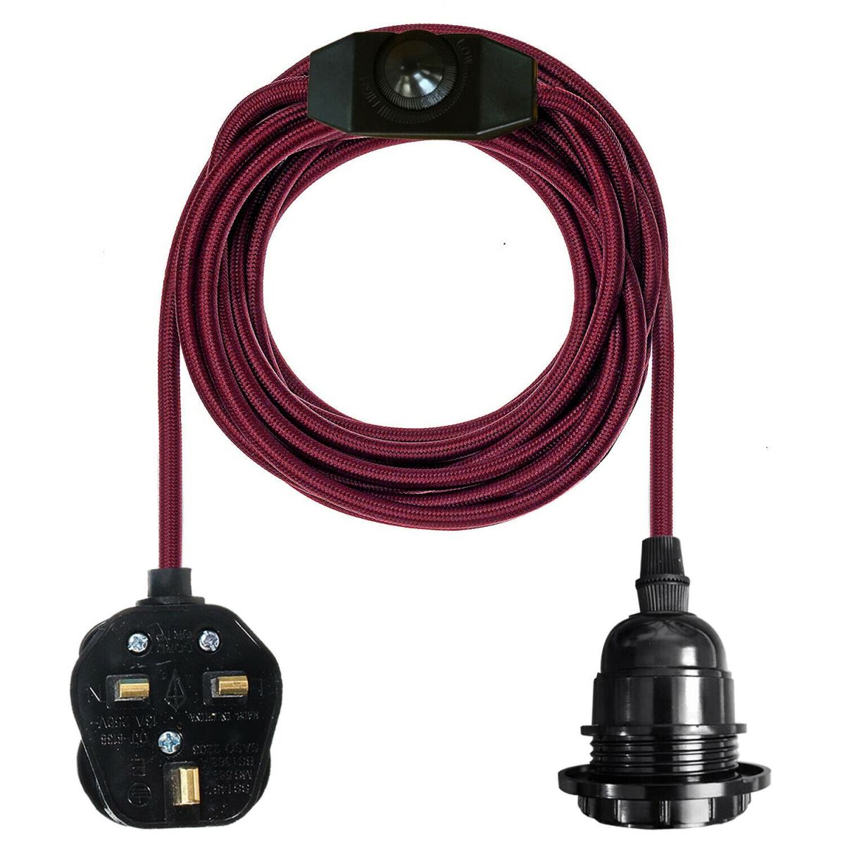 Burgundy Color Dimmer Switch 4m Fabric Flex Cable Plug In Pendant Lamp E27 Holder - Vintagelite