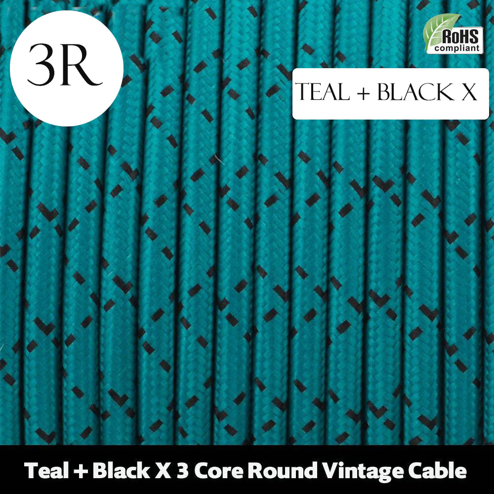 3 Core Round Fabric Braided Electric Textile Cable-Teal+Black X