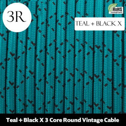 3 Core Round Fabric Braided Electric Textile Cable-Teal+Black X
