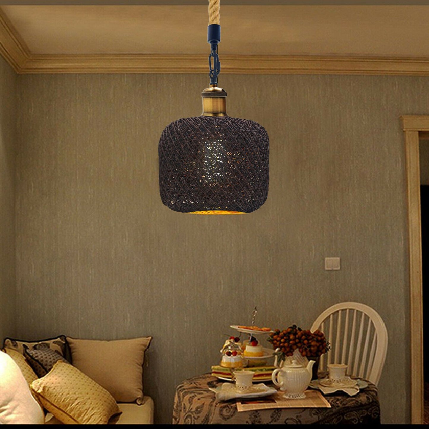 Industrial Vintage Rope Rattan Woven Dome Shade Pendant Lights-Application Image