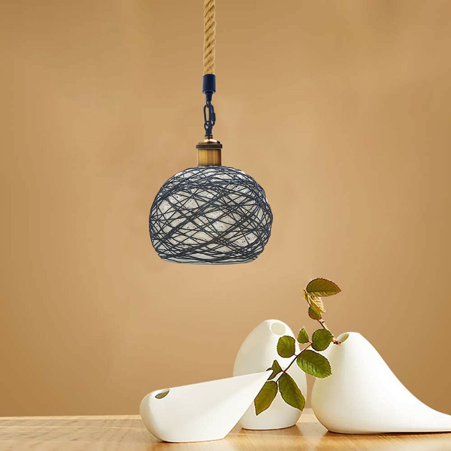 Black Industrial Rope Rattan Woven Dome Shade Pendant Lights-Application Image