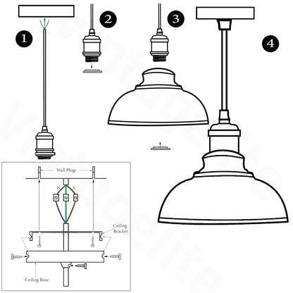 Modern Retro Dome Metal Shade Ceiling Hanging Pendant Light - Instruction Image