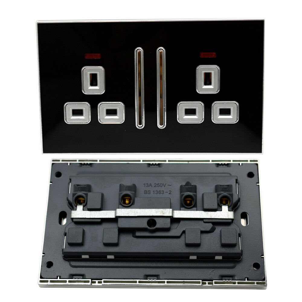 Decorative Black Glossy Main Plug Two Gang Switch Socket Full Range UK - Vintagelite