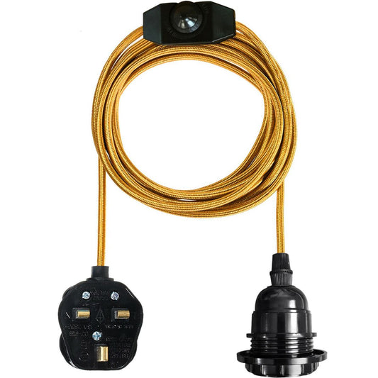 Gold Color Dimmer Switch 4m Fabric Flex Cable Plug In Pendant Lamp E27 Holder - Vintagelite