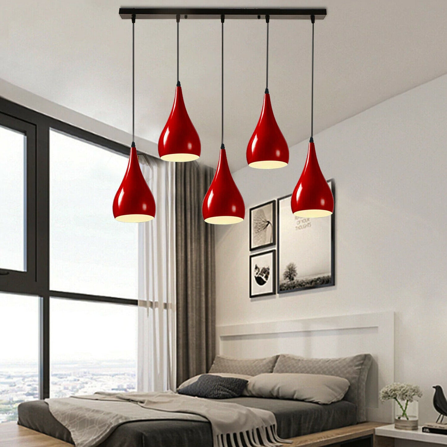 Vintage 5 Way Teardrop Red Metal Shade Ceiling Pendant Light-Application Image