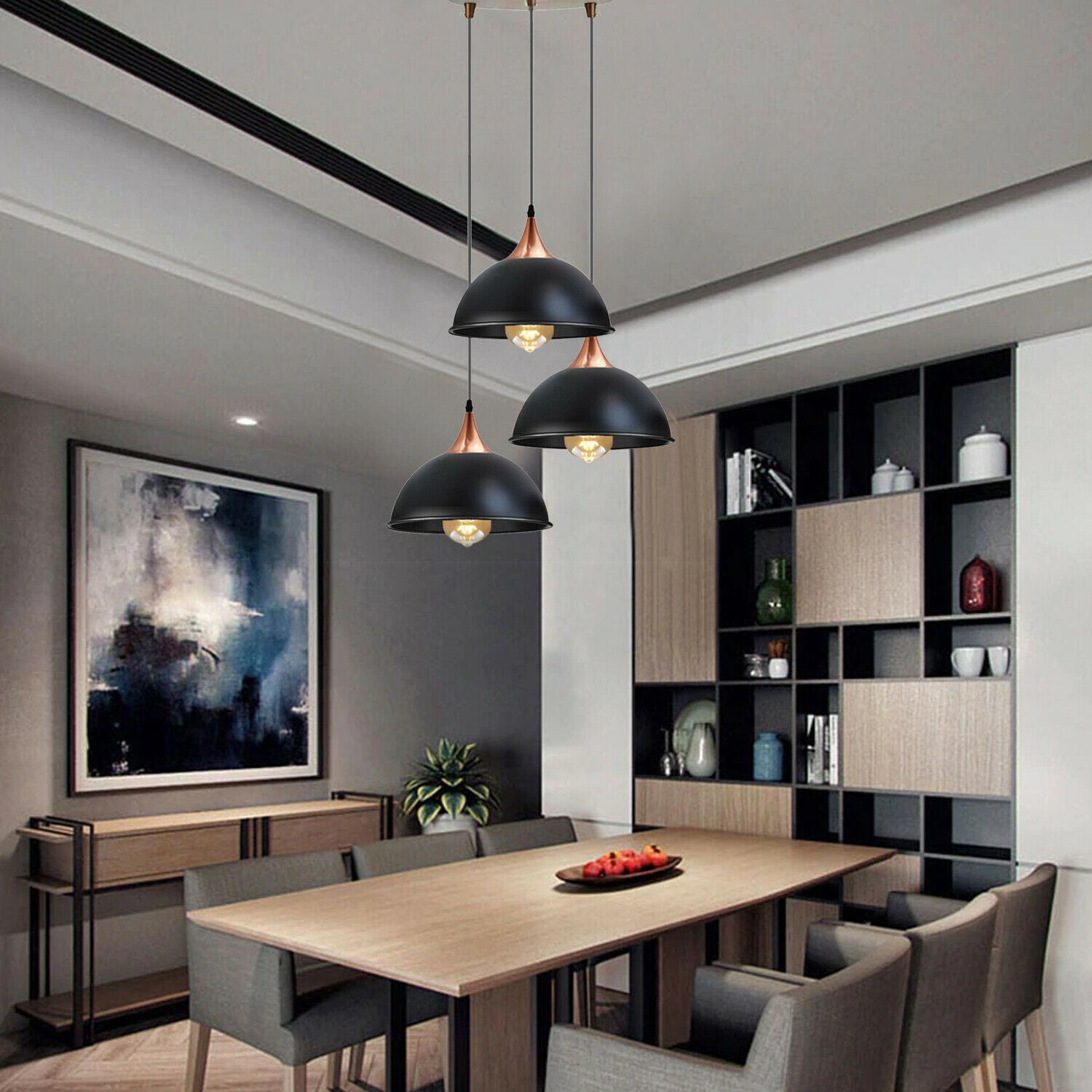 Black 3 Way Industrial Iron Curved Dome Pendant Lamp Shade-Application Image