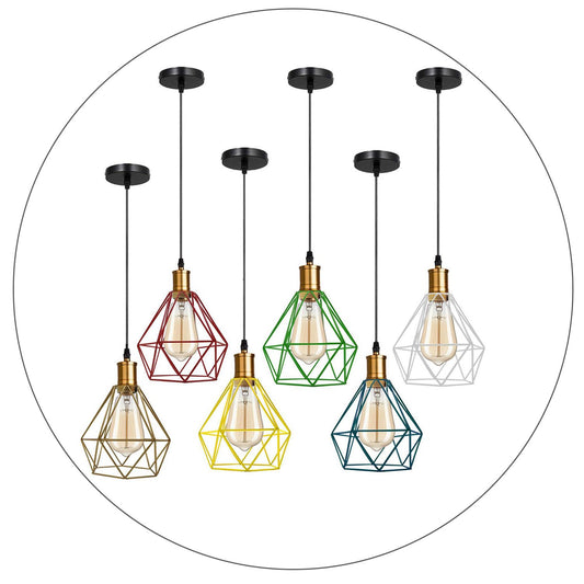 Modern Vintage Diamond Cage Ceiling Pendant Light Fitting Geometric Wire Cage Style Hanging Indoor Lights with 95cm Adjustable Wire~2116