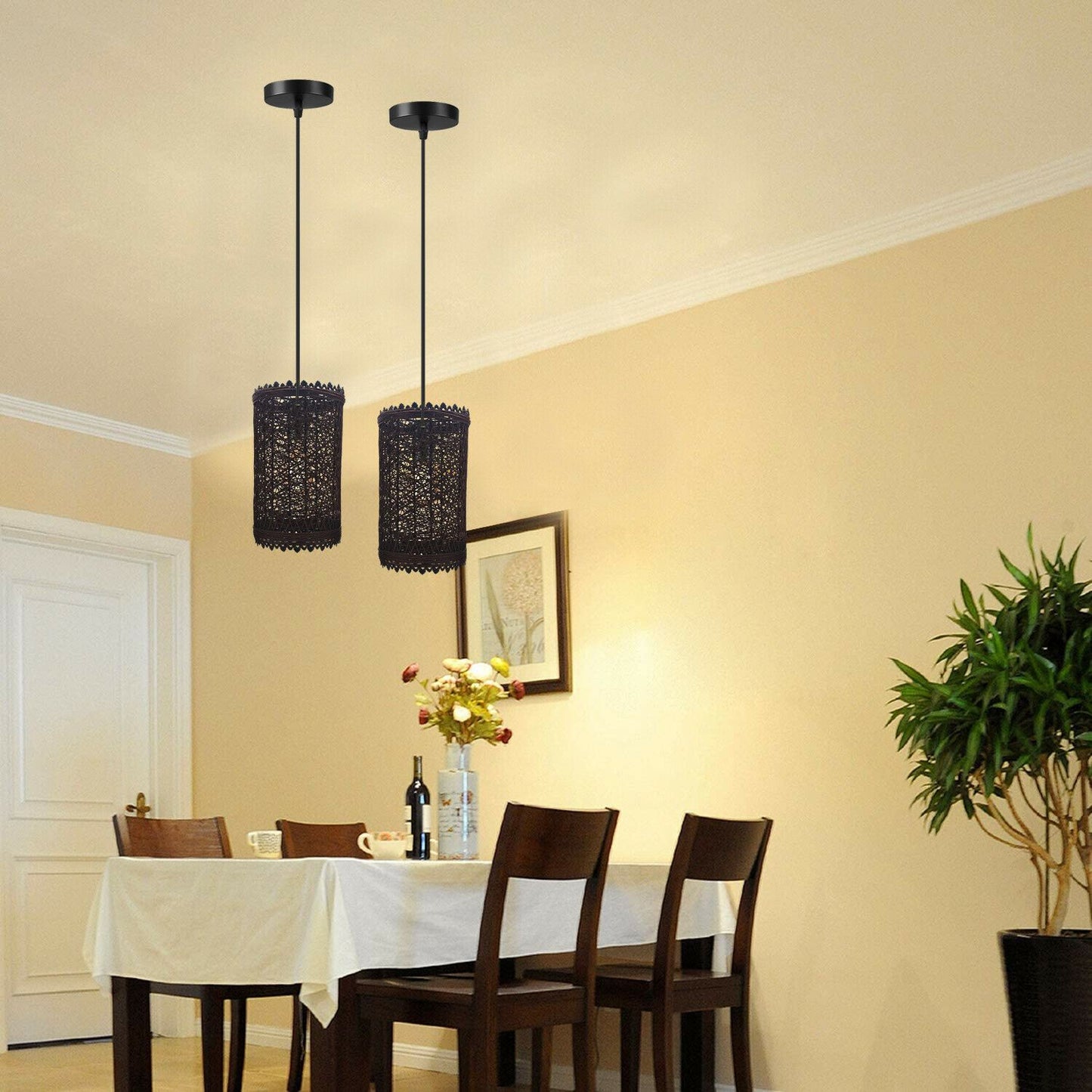Brown Industrial Rope Rattan Woven Basket Shade Pendant Lights-Application Image