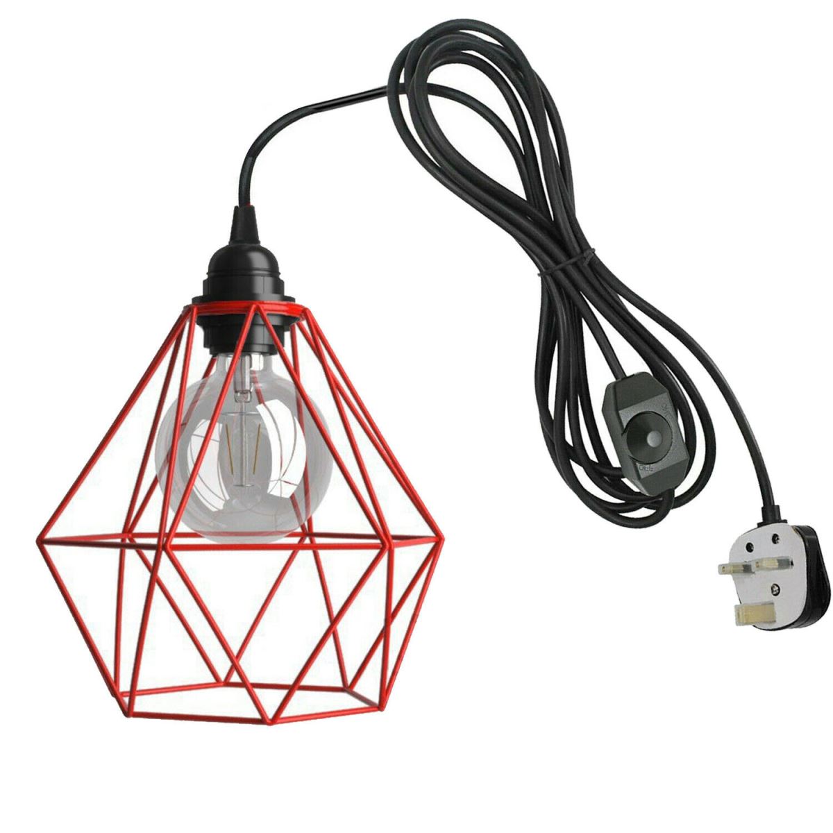 Red Cage With 4m Black Dimmer Switch Plug In Pendant Light~1868 - LEDSone UK Ltd