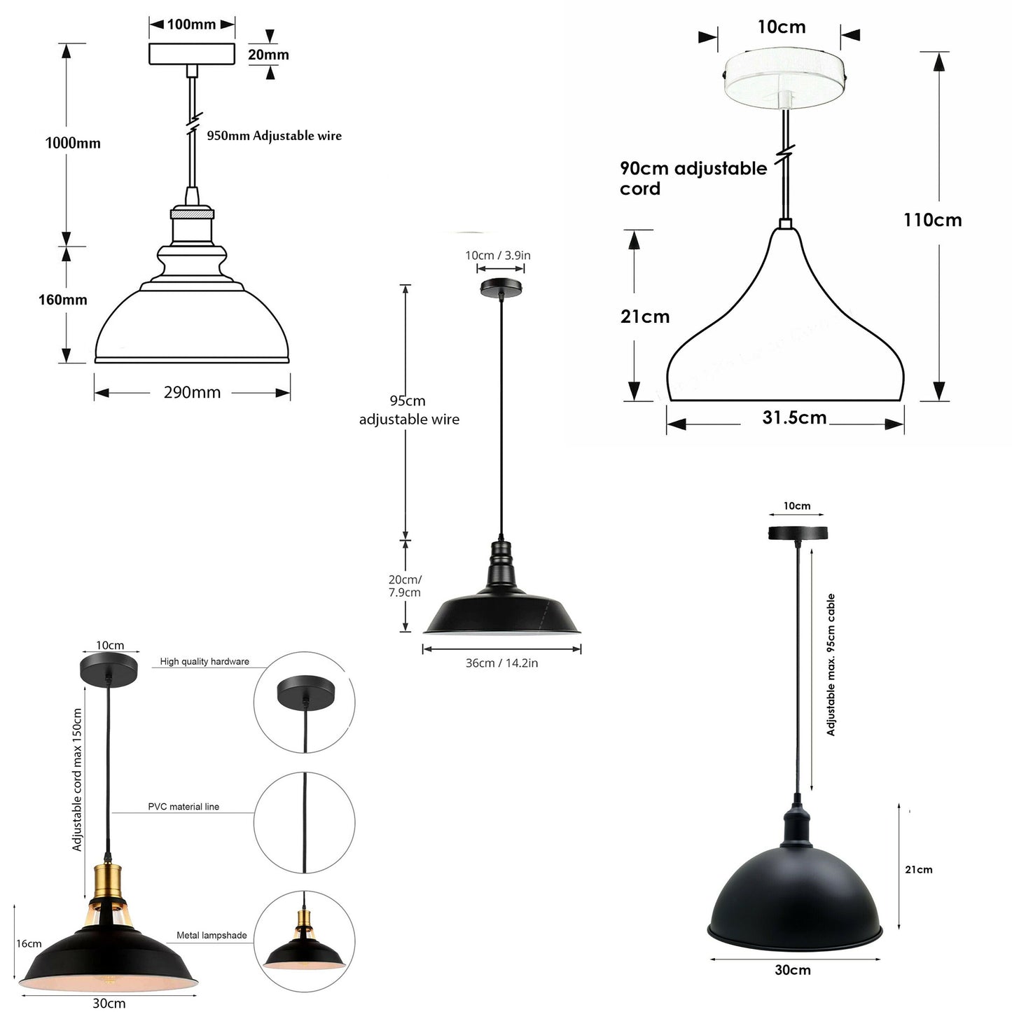Industrial Metal Dome Shade Black Nordic Ceiling Pendant Lights-Size Image