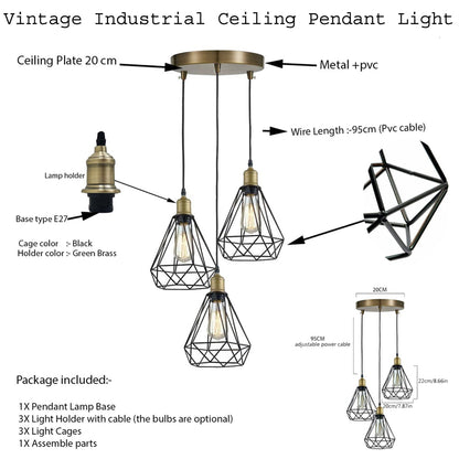 3Way Vintage Diamond Wire Cage Suspended Pendant Lamp Shade-Detail IMage