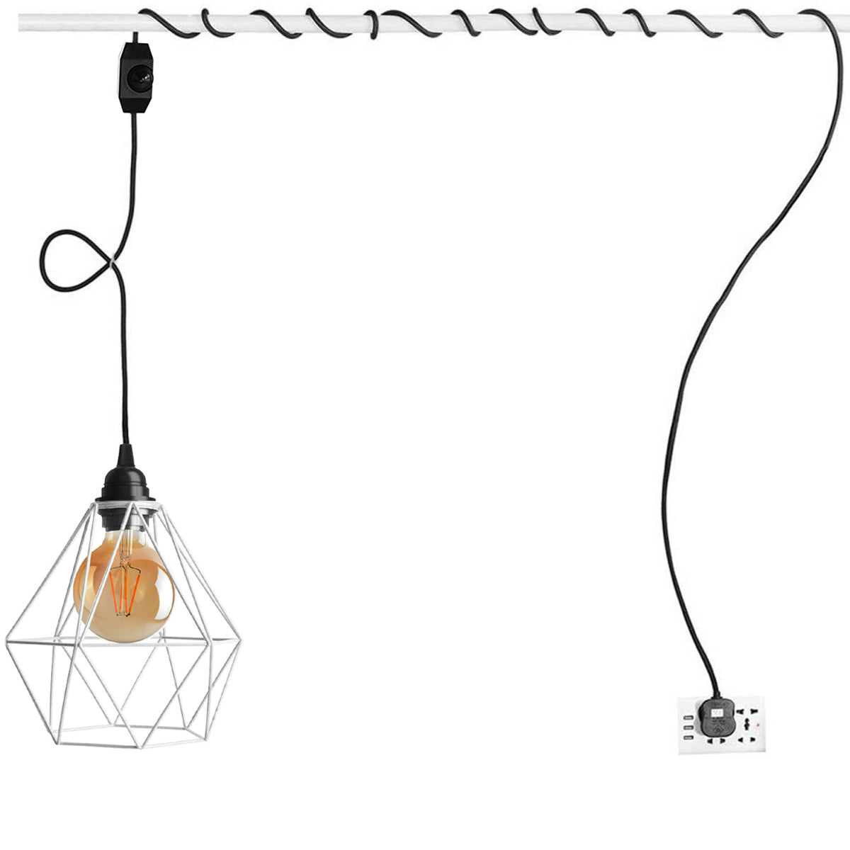 4m Black Dimmer Switch Plug In Pendant Lamp Light With White Cage~1869 - LEDSone UK Ltd
