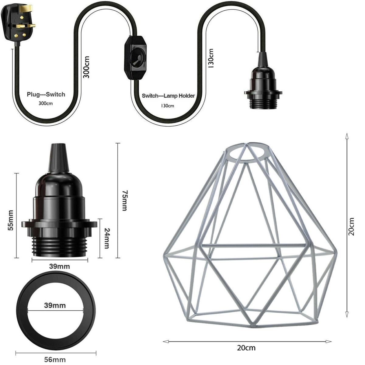 4m Black Dimmer Switch Plug In Pendant Lamp Light With White Cage~1869 - LEDSone UK Ltd