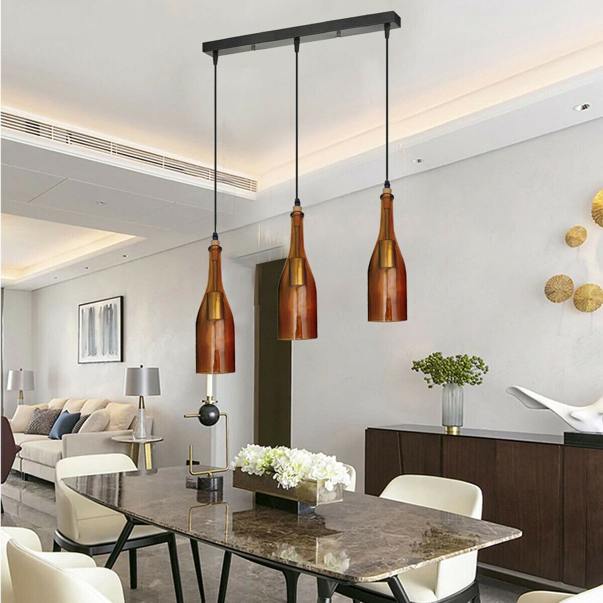 Industrial 3 or 5 Wine Bottle Cord Ceiling Hanging Pendant Light~2130