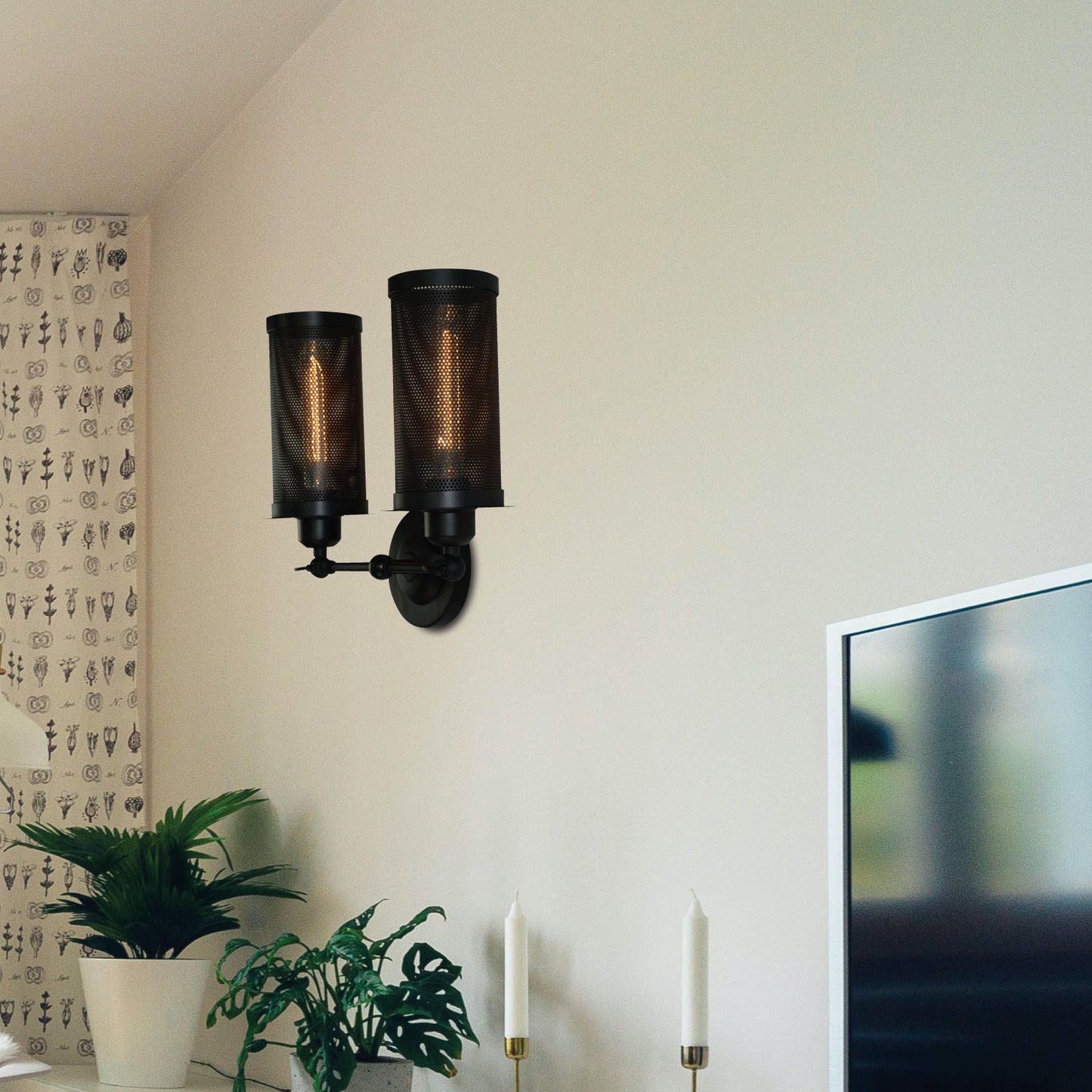 Modern Adjustable Wall Sconce-E27 Bulb Holder, Black Cage Light Shade-Application image