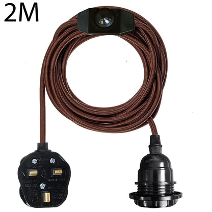 E27 Brown Plug-in Pendant Holder with Fabric Cable Pendant Lamp Bulb Socket