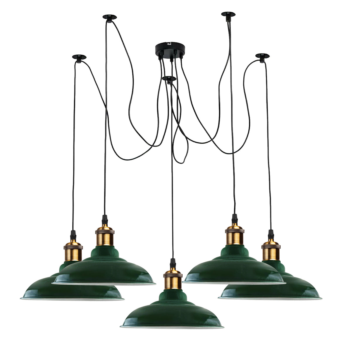 Indoor spider hanging light with 5 green shades
