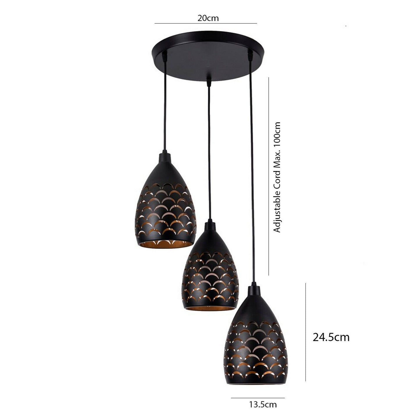 Modern 3 Way Pendant Cluster Light Fitting Black Cage Style -Size Image