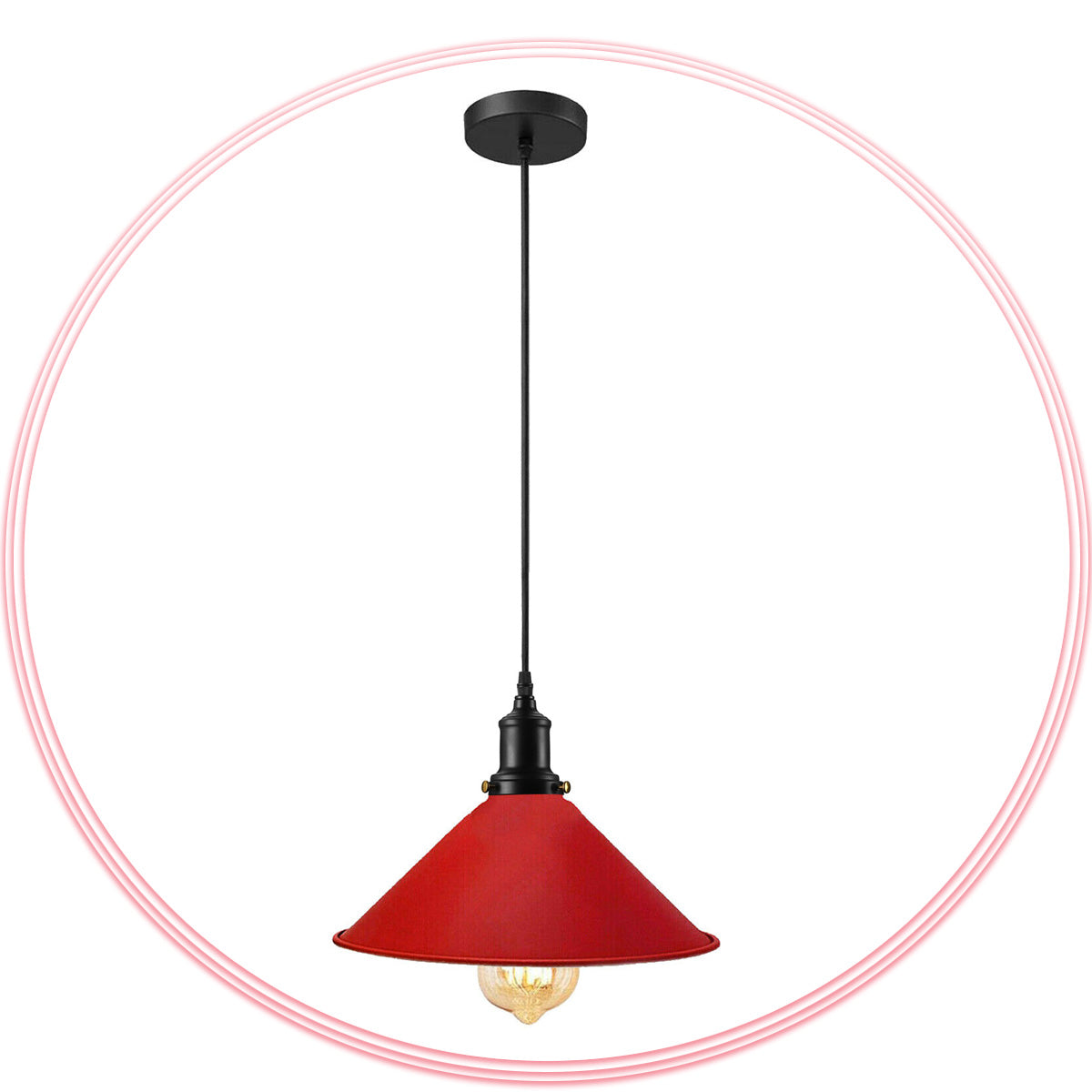 Modern Vintage Red Metal Cone Shade Ceiling Pendant Light