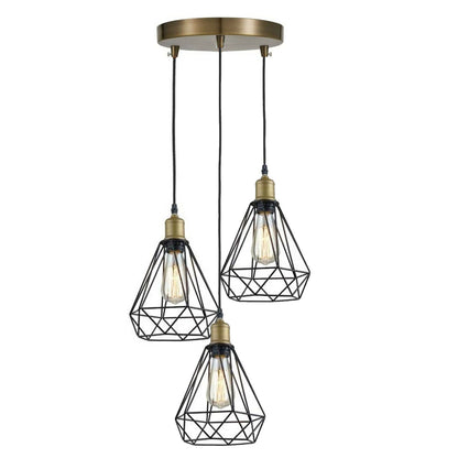 3Way Vintage Diamond Wire Cage Suspended Pendant Lamp Shade