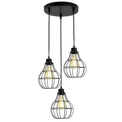 Modern 3 Way Black Wire Cage Industrial Pendant Light Fixture