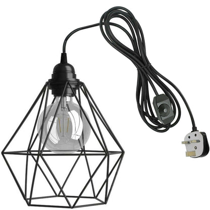 Geometric diamond shaped wire cage with 4m pvc cable 3 pin plug plugin pendant set Black with bulb~1856