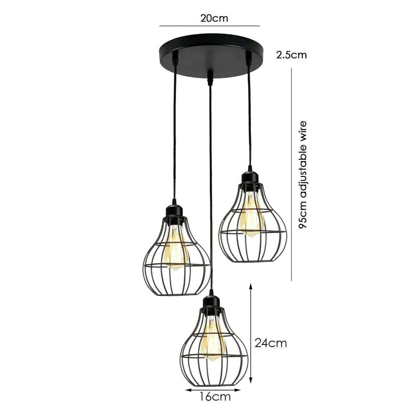 Modern 3 Way Black Wire Cage Industrial Pendant Light FixtureSize image