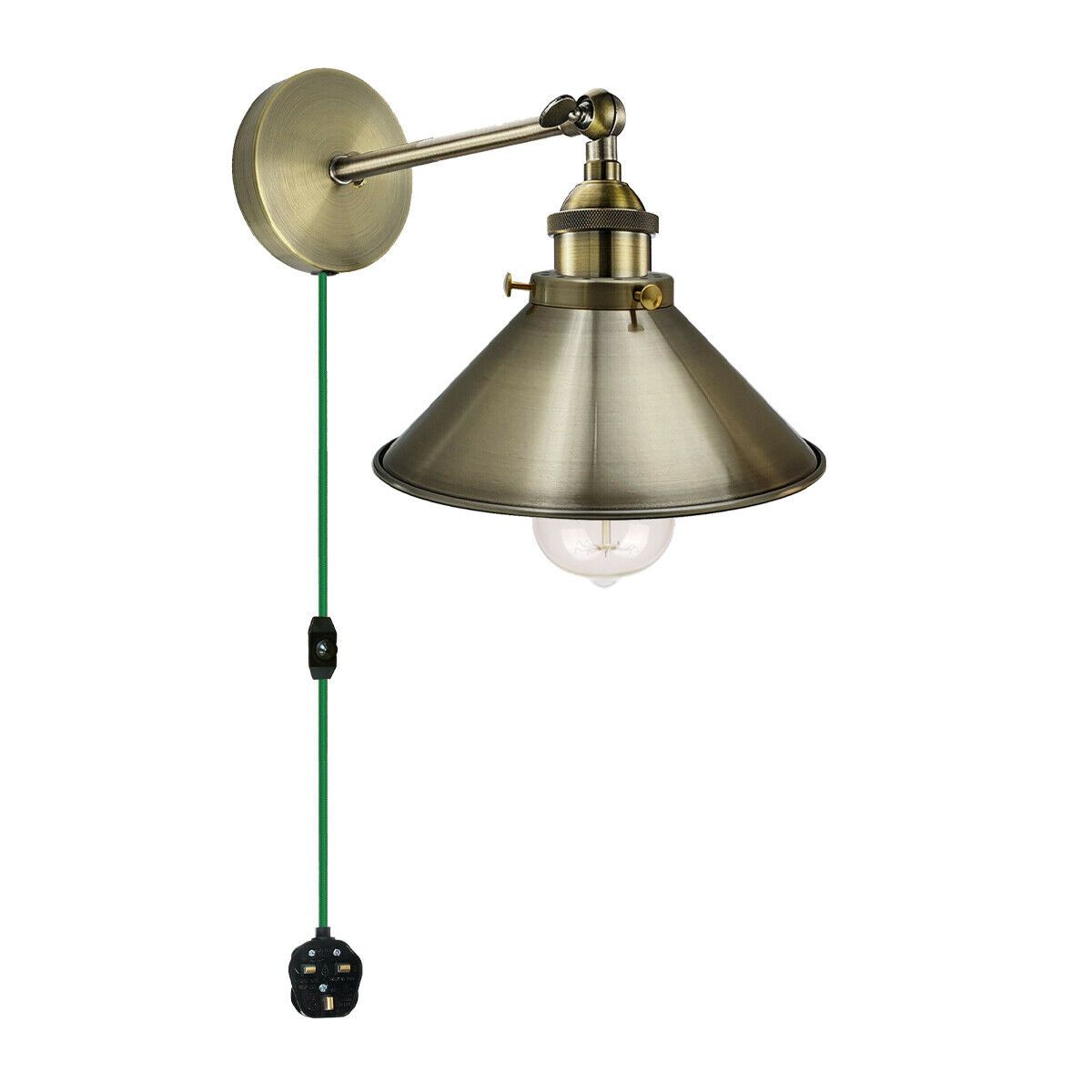 Vintage Green Brass Cone Lamp Shade-E27 Holder & Plug-In Dimmer Switch