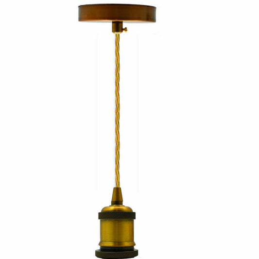 Pendant Light Fitting Ceiling Rose E27 Suspension Set Fabric Corded Yellow Brass - Vintagelite