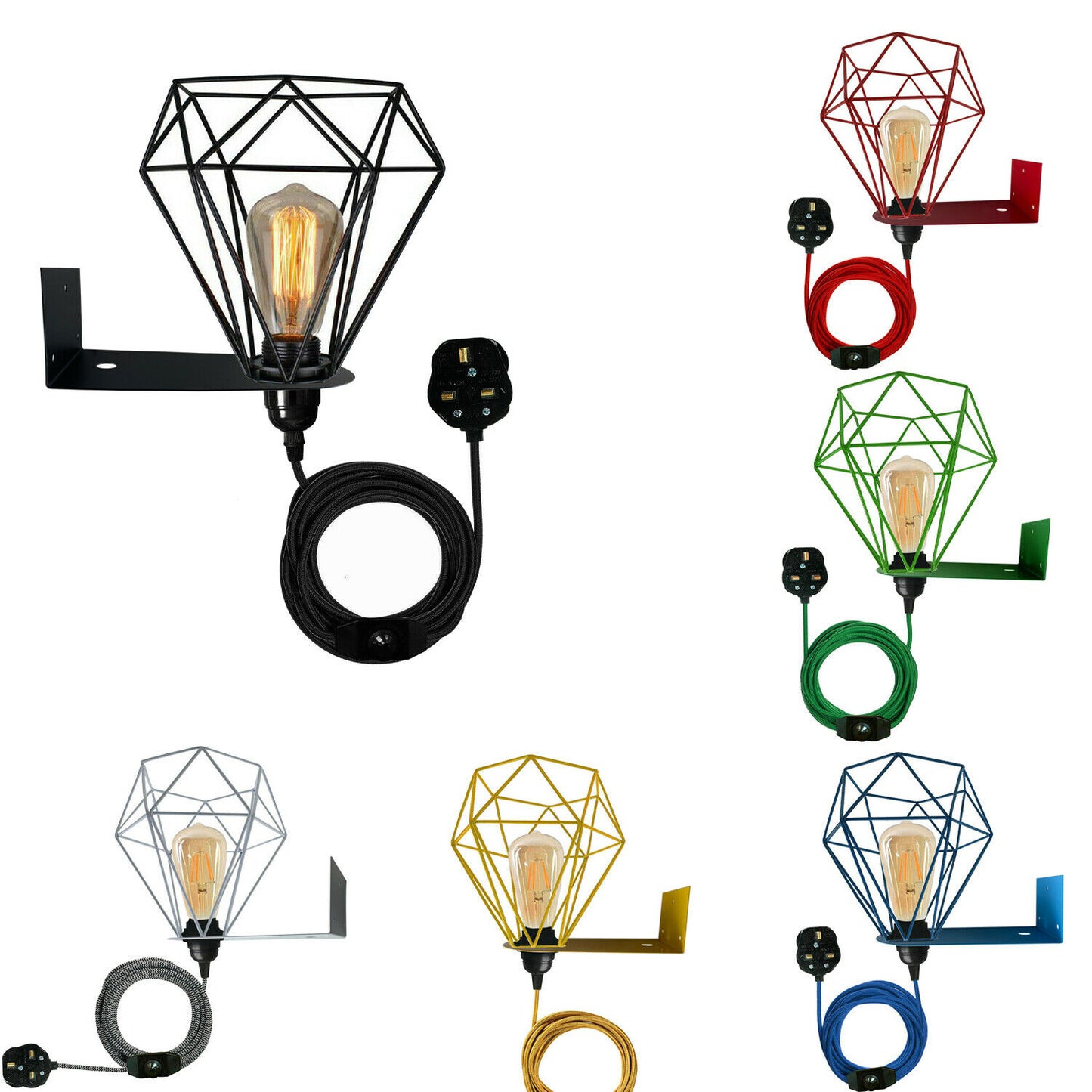  Vintage Diamond Lampshade UK Plug Pendant Light
