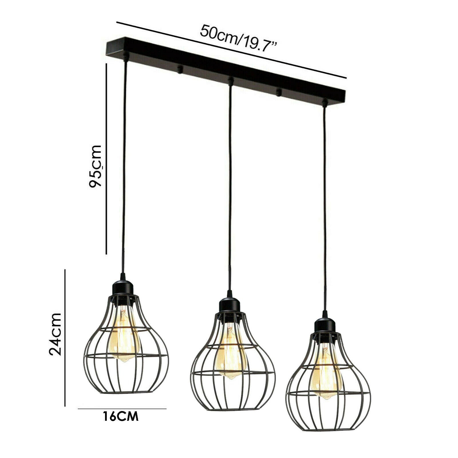 Modern 3 Way Black Wire Cage Industrial Pendant Light Fixture-Size Image