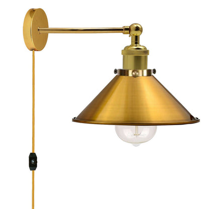 Vintage Yellow Brass Cone Lamp Shade-E27 Holder & Plug-In Dimmer Switch