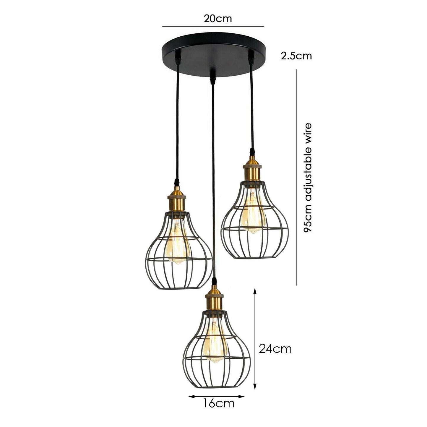  Black 3way Vintage Modern Industrial Wire Cage Pendant Light-Size image