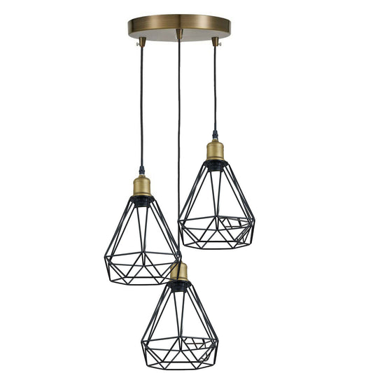 Vintage Brass Industrial Suspended Ceiling Pendant 3 Head Light Lampshade Light~1678