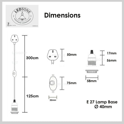 Blue Color Dimmer Switch 4.5m Fabric Flex Cable Plug In Pendant Lamp E27 Holder~1468 - Vintagelite