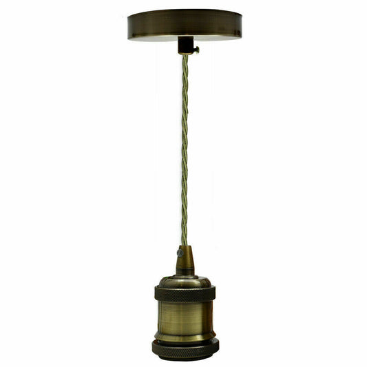 Pendant Light Fitting Ceiling Rose E27 Suspension Set Fabric Corded Green Brass - Vintagelite