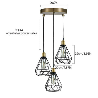 3Way Vintage Diamond Wire Cage Suspended Pendant Lamp Shade-Size Image