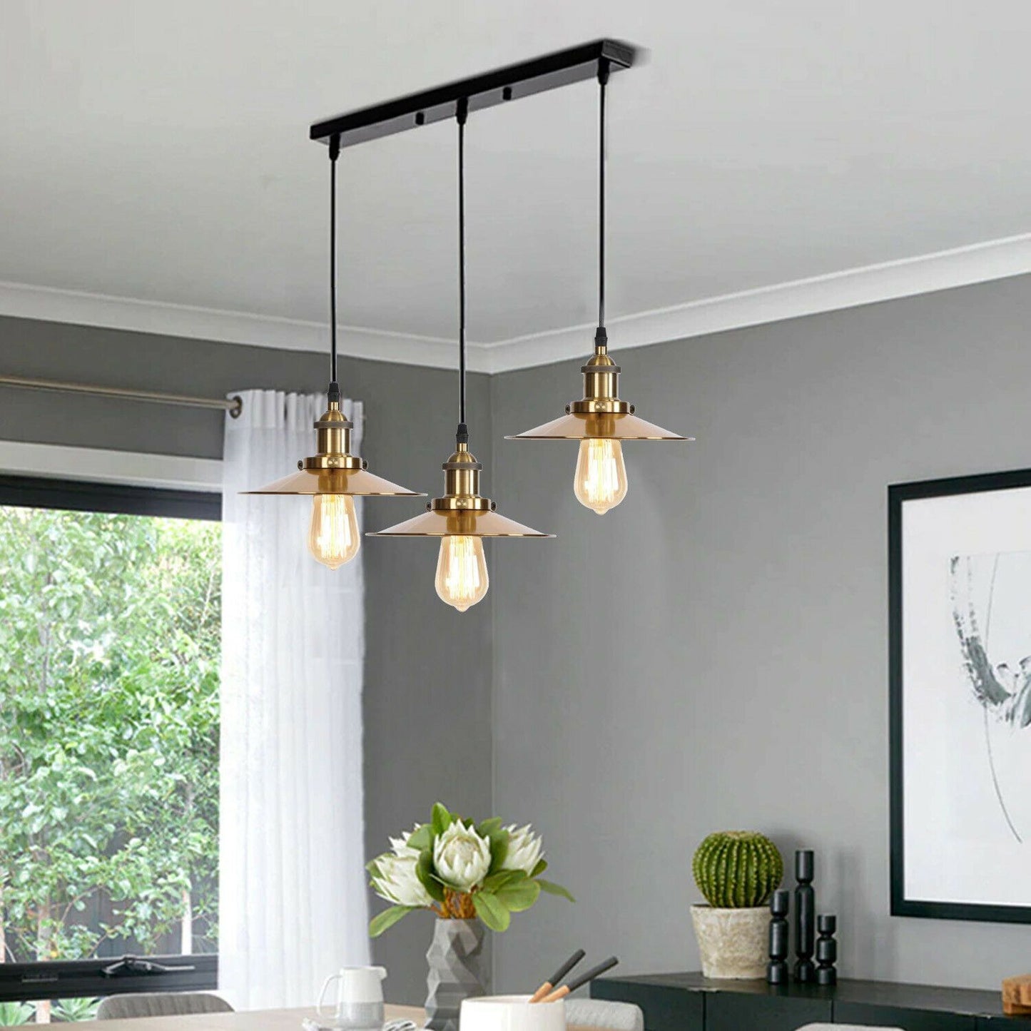 3 Way Modern Yellow Brass Metal Ceiling Pendant Lamp Shade-Application image